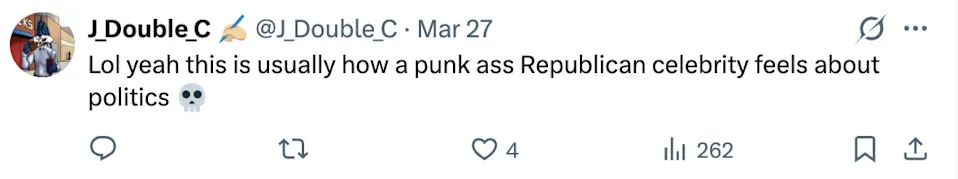 Tweet critical of a Republican celebrity's political views, calling them "punk ***," with a skull emoji