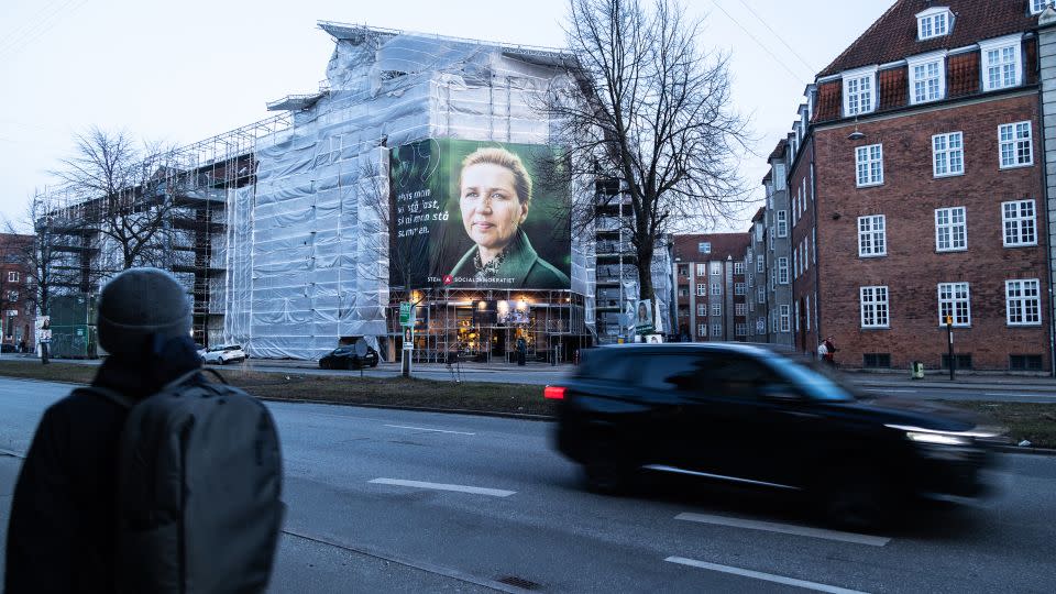 An election campaign poster showing Danish Prime Minister Mette Frederiksen in Copenhagen on March 9 - Kristian Tuxen Ladegaard Berg/NurPhoto/Getty Images