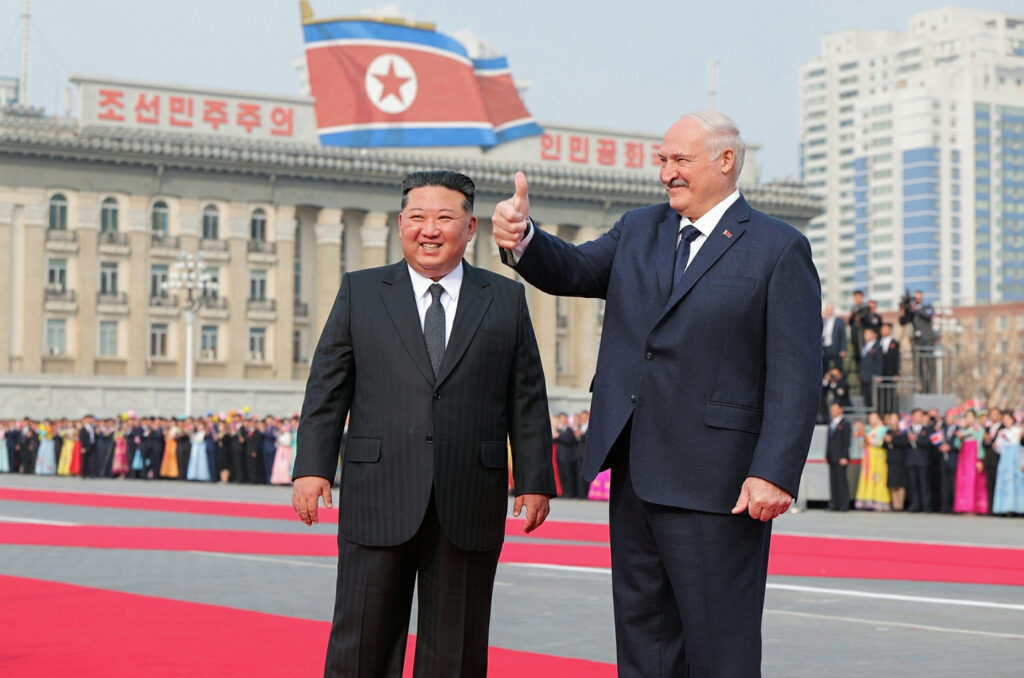 North Korea’s Kim welcomes Belarusian President Lukashenko in Pyongyang North Korean leader Kim Jong-un, left, and Belarusian President Alexander Lukashenko attend a welcoming ceremony for the Belarusian leader