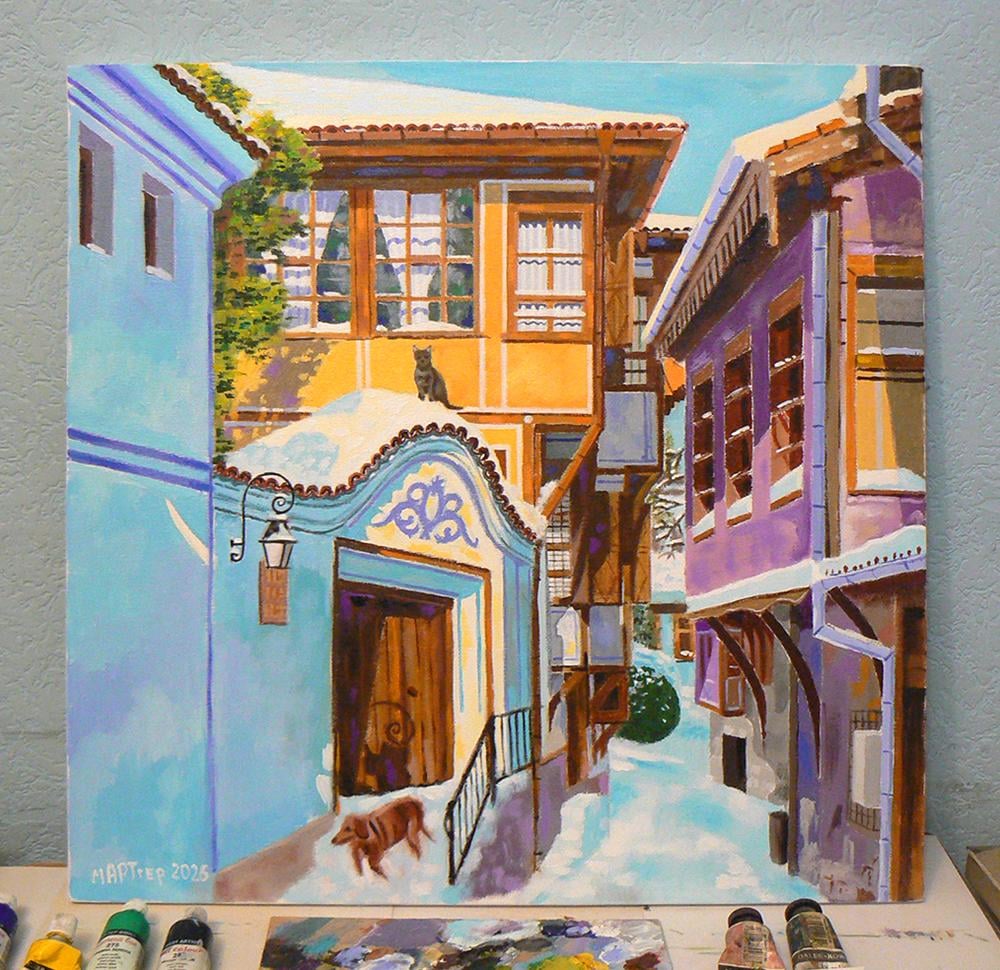 Old houses from beautiful Plovdiv. 50x50 cm. I painted it with oil on canvas.
