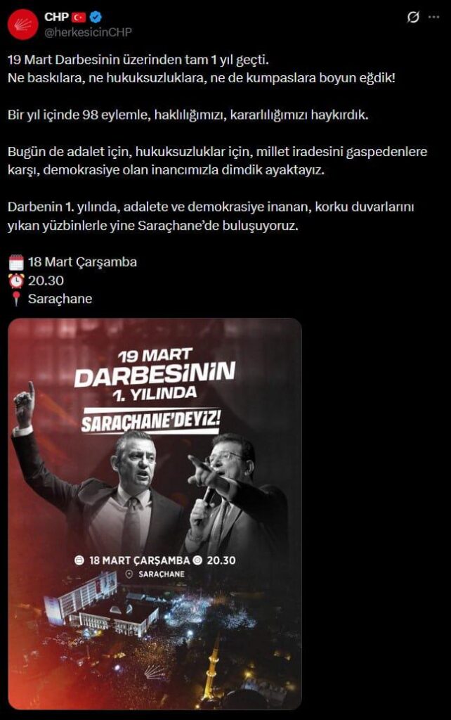 CHP calls for Saraçhane again on the anniversary of March 19