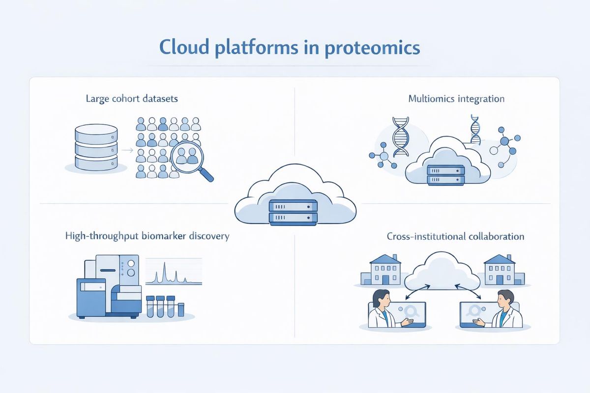 An AI-generated image showing where cloud-based proteomics platforms are particularly useful.