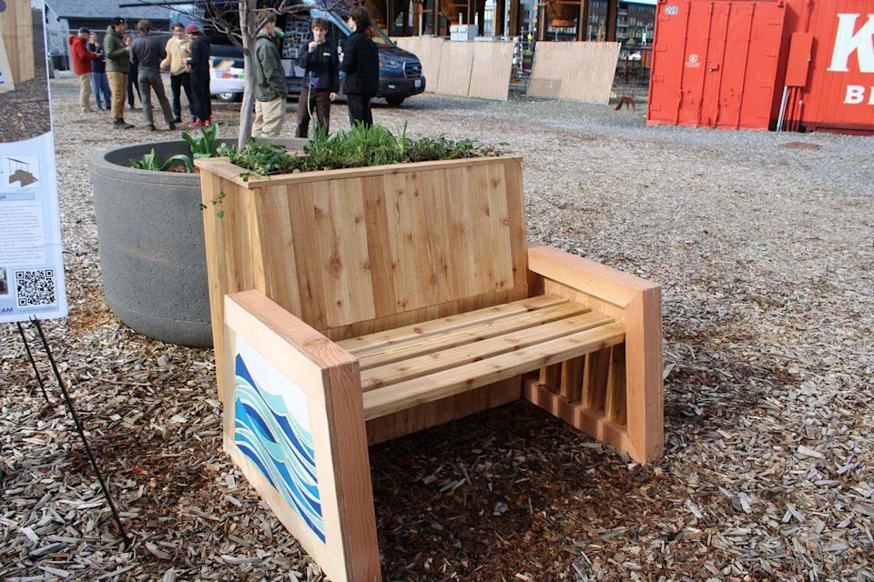 A bench and planter at the Bellingham Waterfront on March 20 is among projects by the 2026 WWU Denmark Design Cohort.