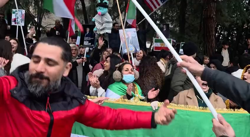 Second day of celebrations outside Iran’s embassy in Tbilisi after reports of Khamenei’s death