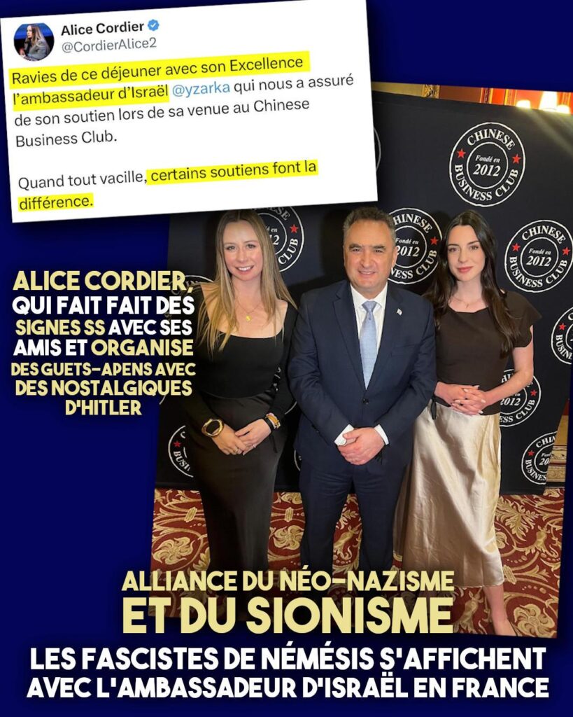 After her Nazi signs, Alice Cordier poses with the Israeli ambassador whom she thanks for his “support”