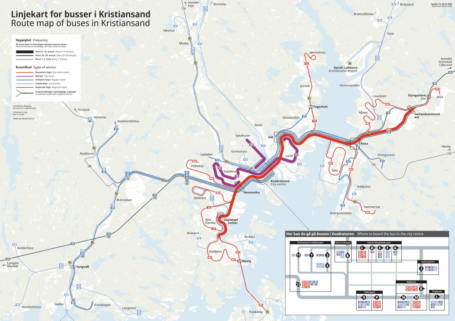 [OC] Map of Bus Frequency in Kristiansand