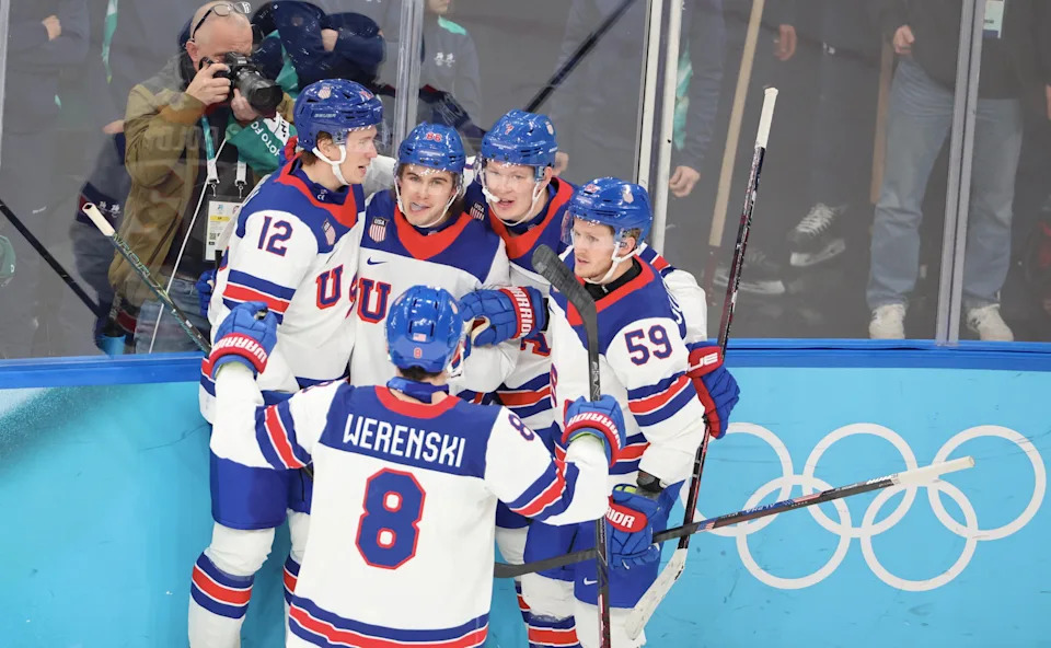 MILAN, ITALY - FEBRUARY 20: Jack Hughes #86 of Team United States celebrate his second goal with teammates during the Ice Hockey Semifinal match between Team United States and Team Slovakia on day fourteen of the Milano Cortina 2026 Winter Olympic games at Milano Santagiulia Ice Hockey Arena on February 20, 2026 in Milan, Italy. (Photo by Xavier Laine/Getty Images)