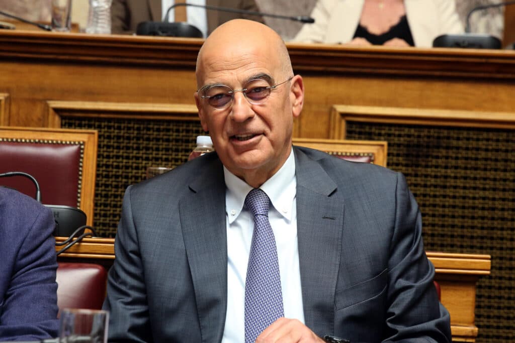 This photo shows Defence Minister Nikos Dendias in Parliament