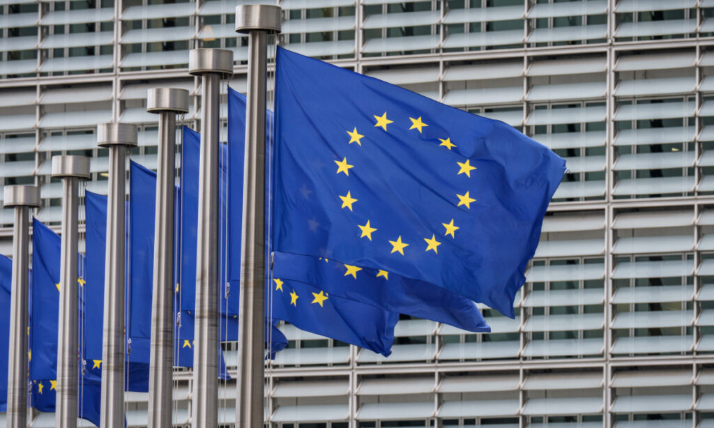 The European Union (EU) flags in front of EU headquarters in Brussels, Belgium. Photo: VCG