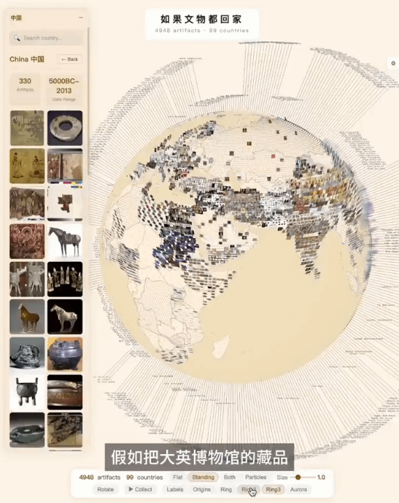 A chinese student programmed a website that maps 5,000 objects from the british museum that were stolen from 99 countries. It shows where they were taken from and what the museum would look like if everything "found" around the world were returned.