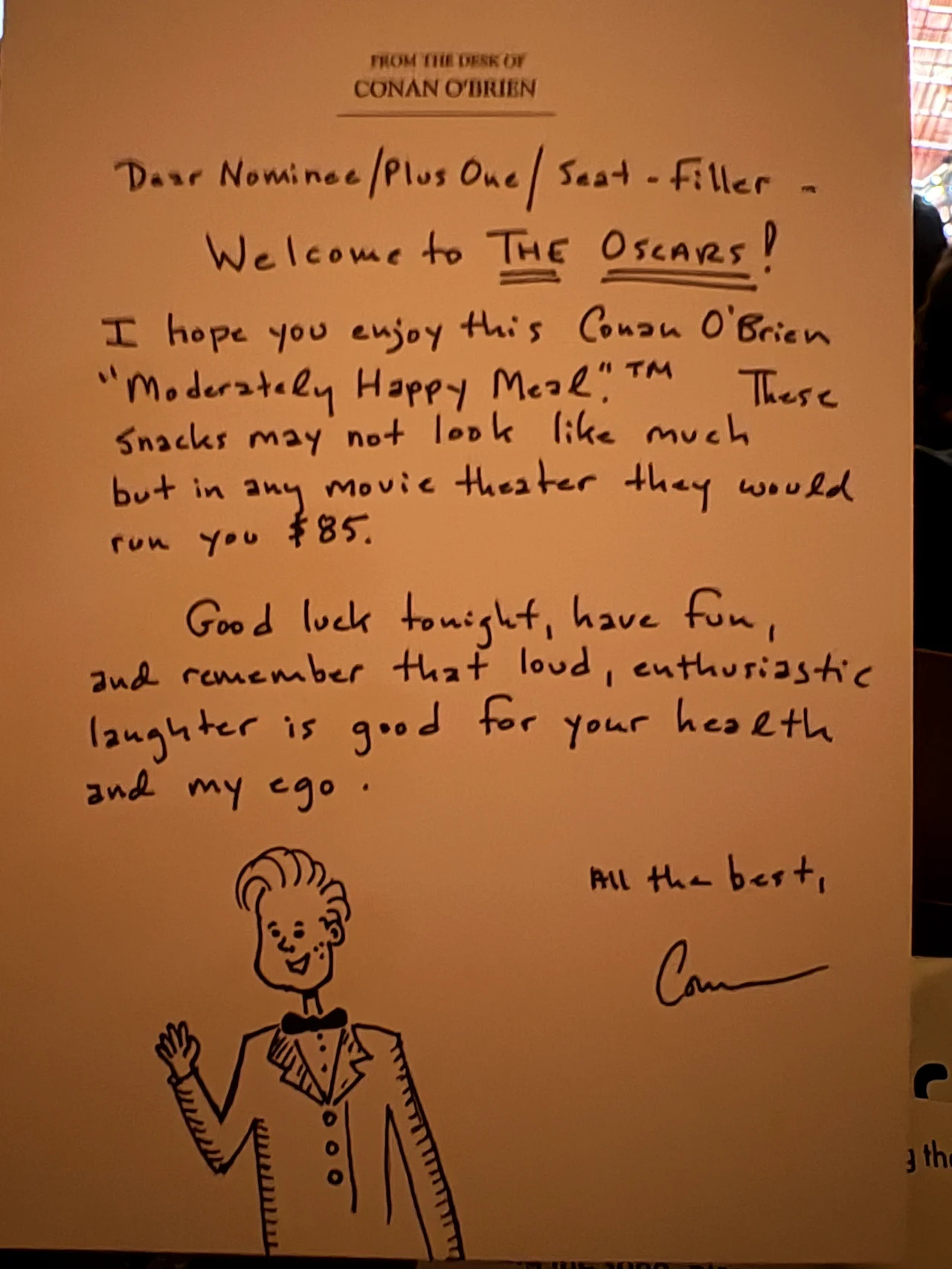 A note Conan O'Brien left for guests under their seats at the Oscars