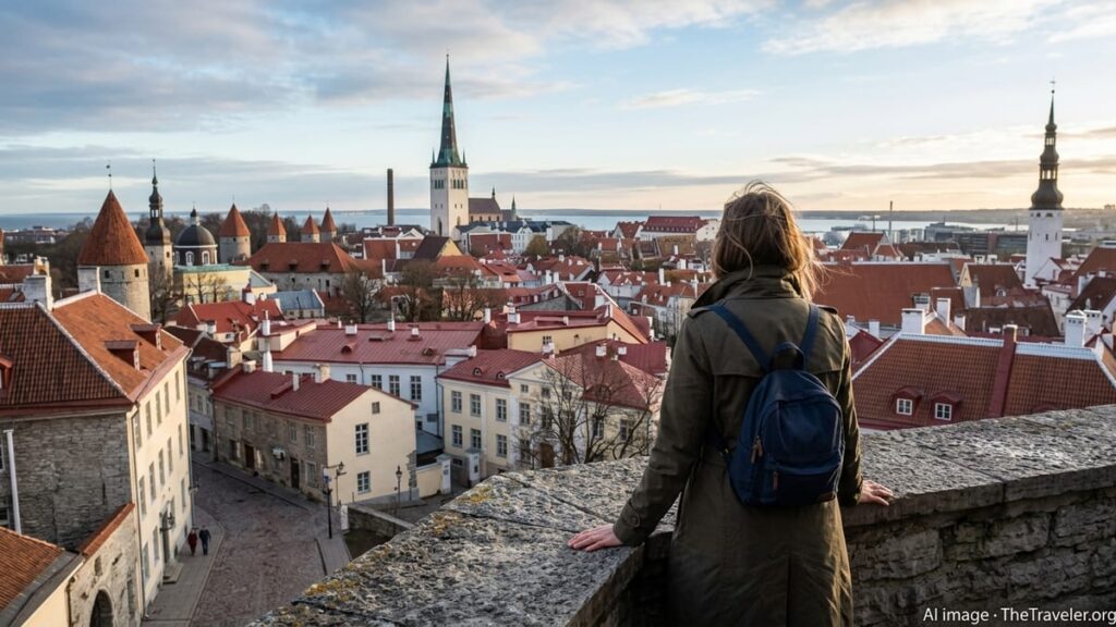 Why Estonia Is Emerging as a Powerhouse for Solo Female Travel Solo female traveler overlooking Tallinn Old Town rooftops at sunrise.