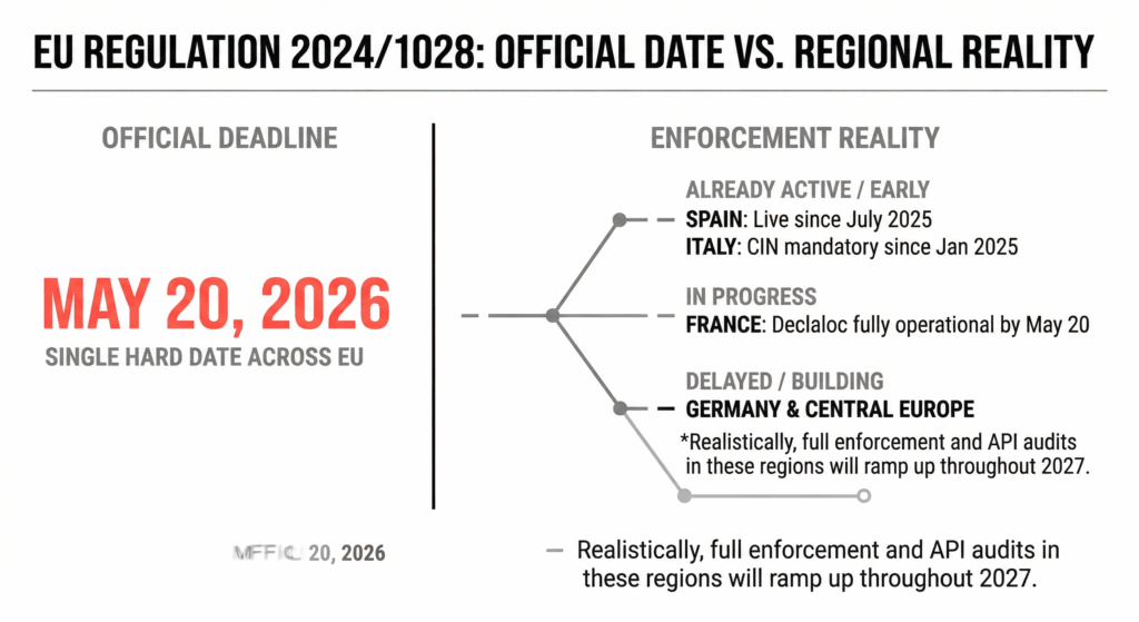Visualization contrasting the official May 20, 2026, EU Regulation 2024/1028 deadline with actual enforcement timelines in Spain, Italy, France, and Central Europe.