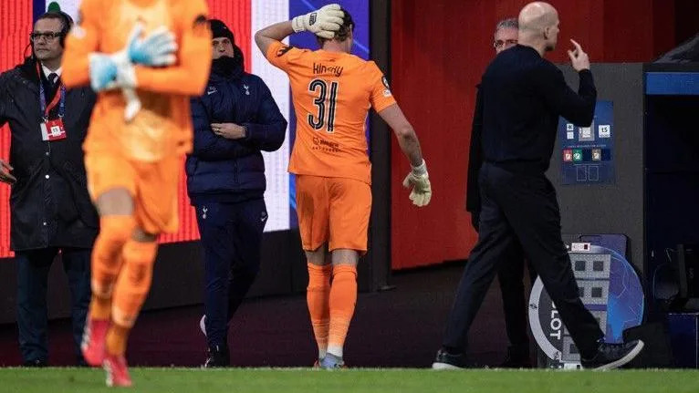 Tottenham goalkeeper Antonin Kinsky heads for the tunnel after being substituted against Atletico Madrid