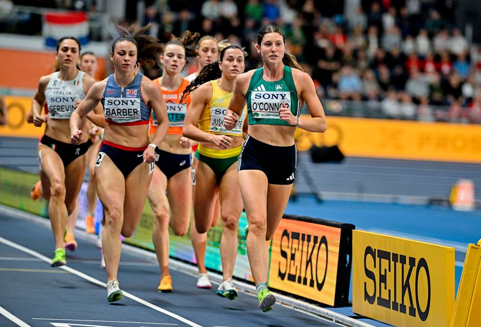 Kate O'Connor of Ireland competes in the 800m event in the Women's Pentathlon during day three of the World Athletics Indoor Championships at Kujawsko-Pomorska Arena in Torun, Poland. Photo: Sam Barnes/Sportsfile