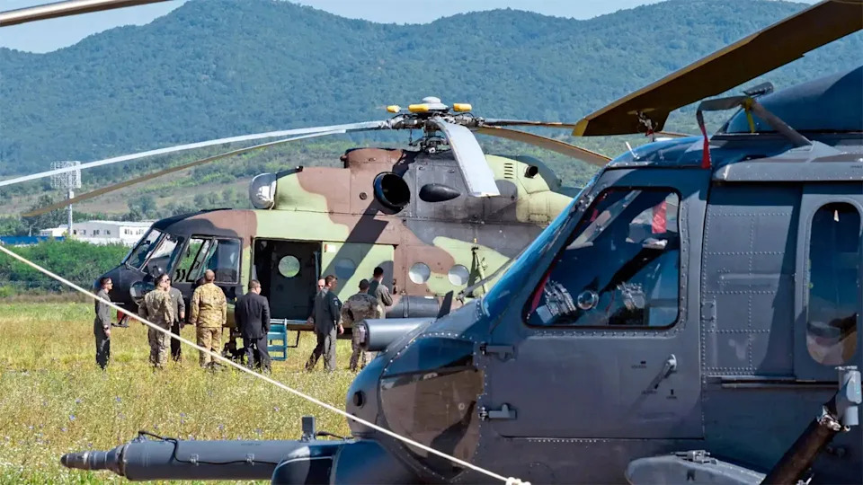A U.S. Air Force HH-60G Pave Hawk and a Serbian Mi-17 Hip during CSAR maneuvers conducted over Serbia in 2023. <em>U.S. Air Force photo by Airman 1st Class Edgar Grimaldo</em>