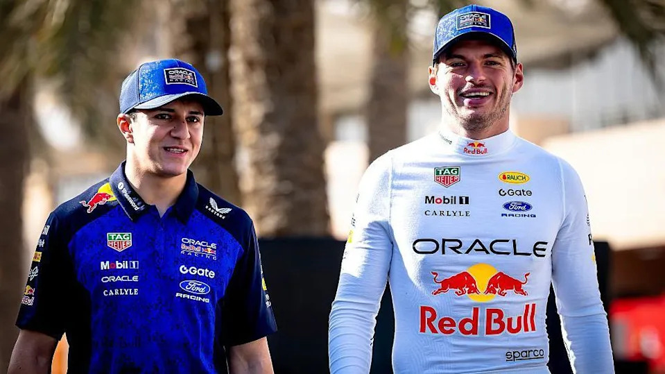 Isack Hadjar walks in the Bahrain paddock with new team-mate Max Verstappen 