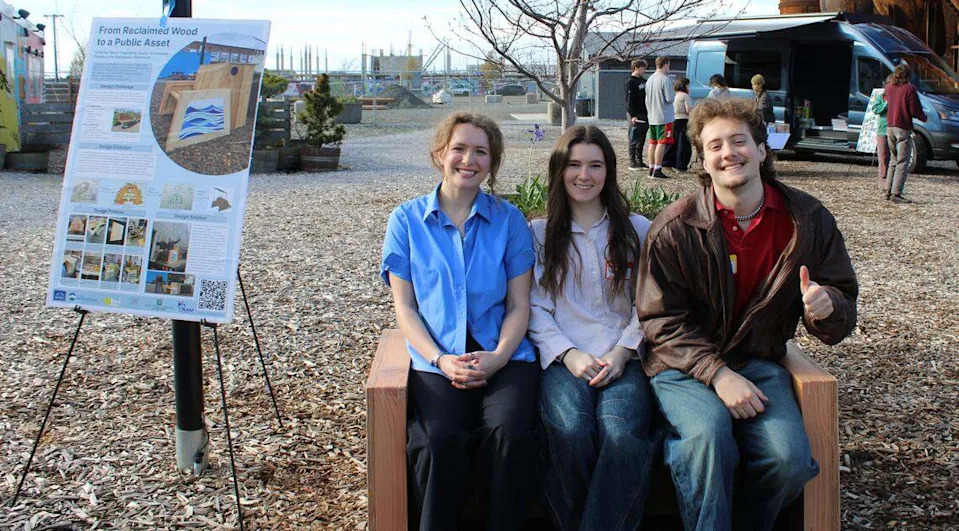 The WWU Denmark Design Cohort at their bench project reveal at the Bellingham Waterfront on Friday, March 20, 2026.