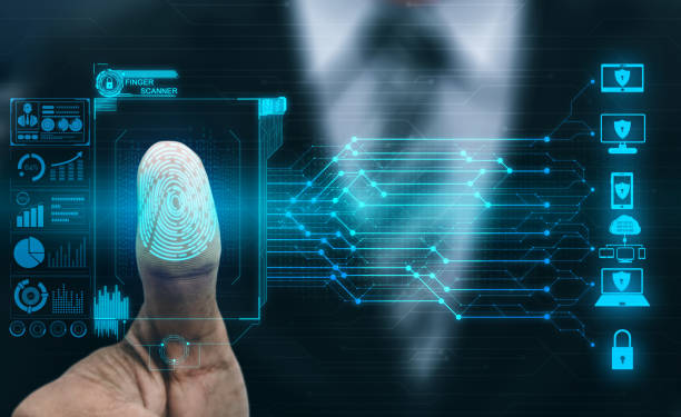 Illustration of a fingerprint scan on a digital interface with security icons and data visualization elements.