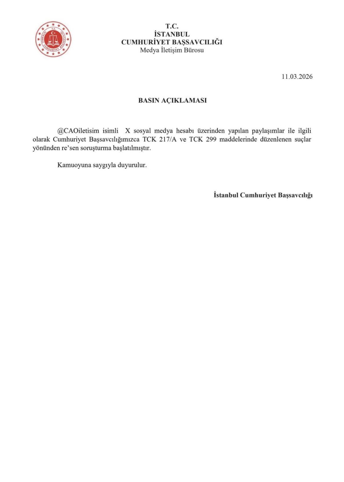 Istanbul Chief Public Prosecutor's Office launched an investigation into the @CAOIletisim account of Ekrem İmamoğlu, whose 4 accounts, including his main account, were previously blocked in Türkiye.