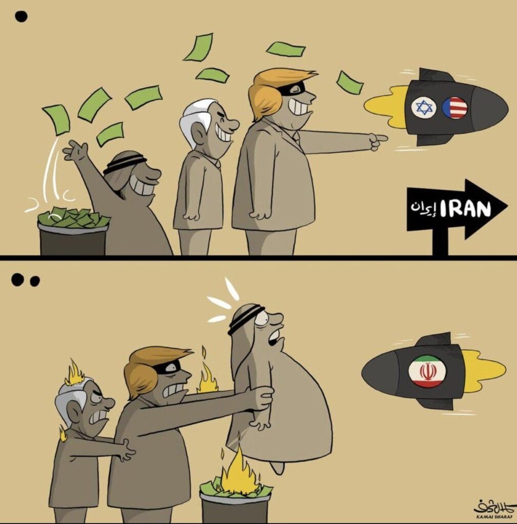 The United States and Israel regarding the Gulf Arab Countries on the Iran Conflict (by the Yemeni cartoonist Kamal Sharaf)