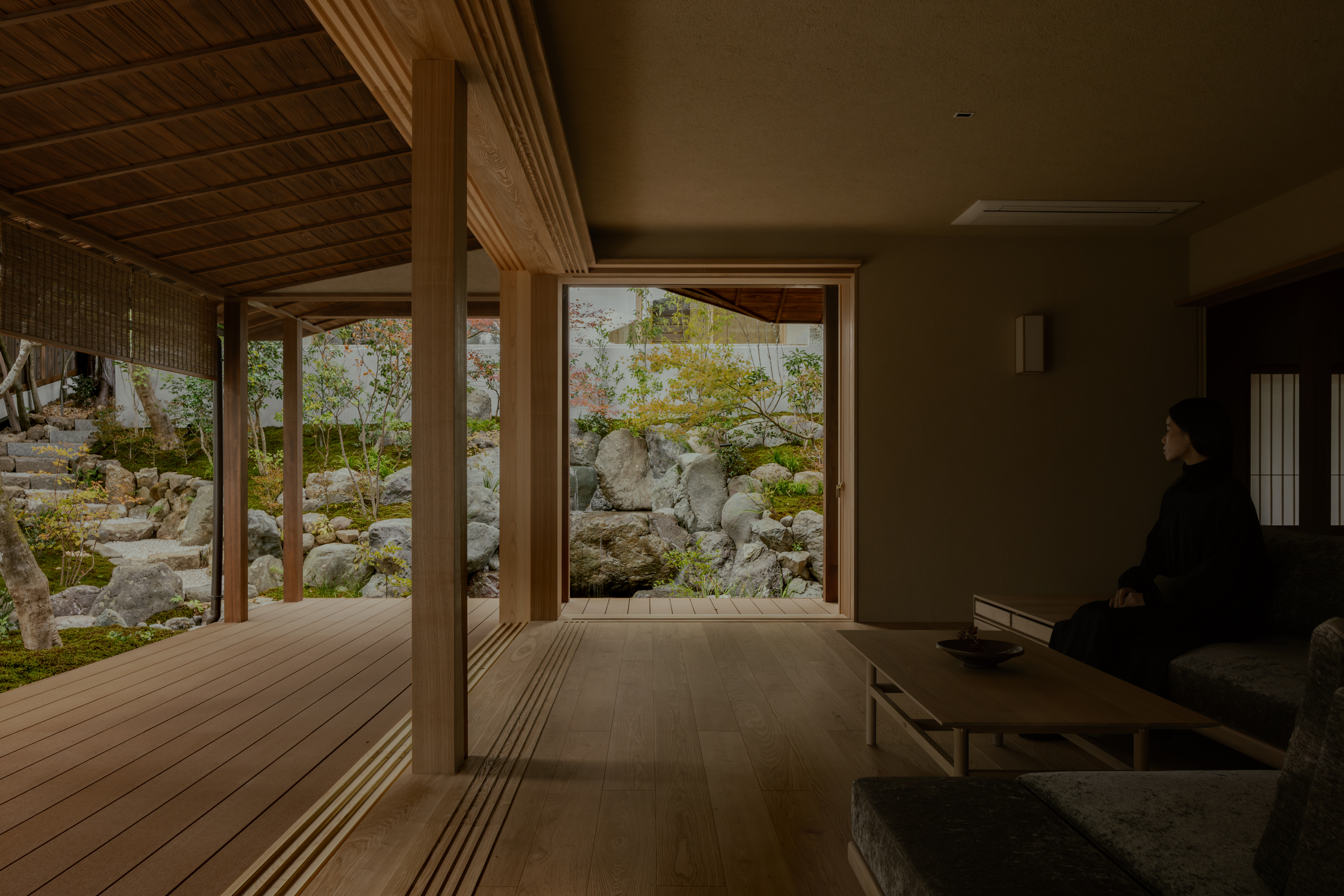 interior of House in Narutaki by kooo architects, a traditional Japanese house remastered for the 21st century with minimalism and earthy tones and natural materials that fit the historic Japanese style