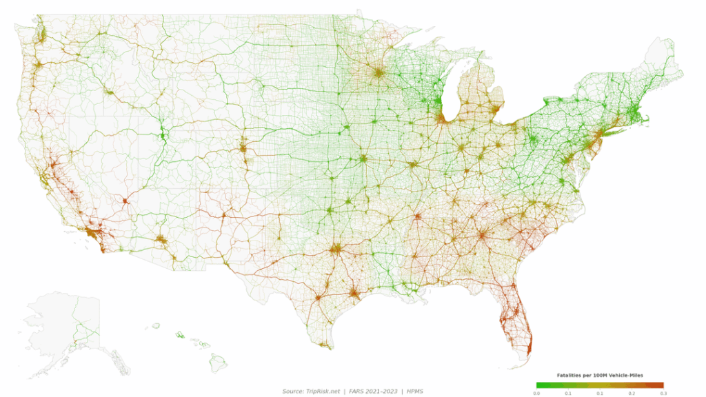 US road fatalities colored by 100M road miles