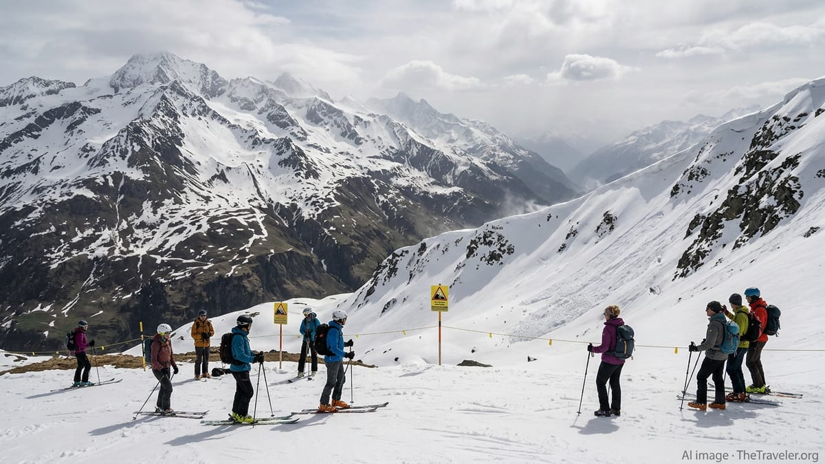Spring scene in the Swiss Alps with skiers and hikers near avalanche warning signs under unsettled cloudy skies.
