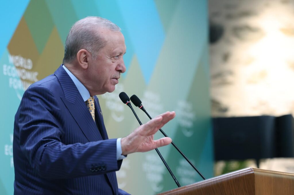 Turkish President Recep Tayyip Erdogan makes a speech as he attends the World Economic Forum (WEF) Türkiye Country Strategy Meeting at the Dolmabahce Office in Istanbul, Türkiye, March 27, 2026. (AA Photo)