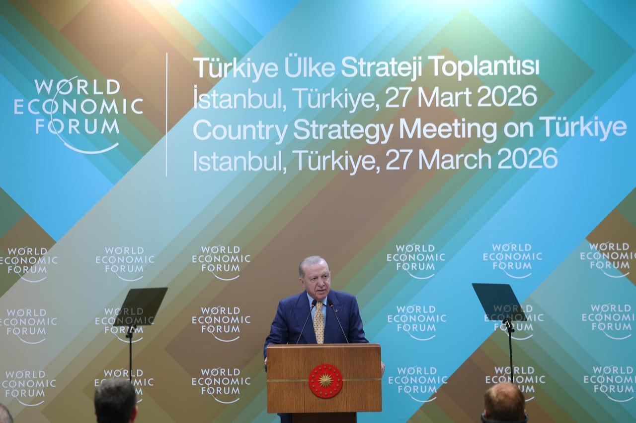 Turkish President Recep Tayyip Erdogan makes a speech as he attends the World Economic Forum (WEF) Türkiye Country Strategy Meeting at the Dolmabahce Office in Istanbul, Türkiye,  March 27, 2026. (AA Photo)