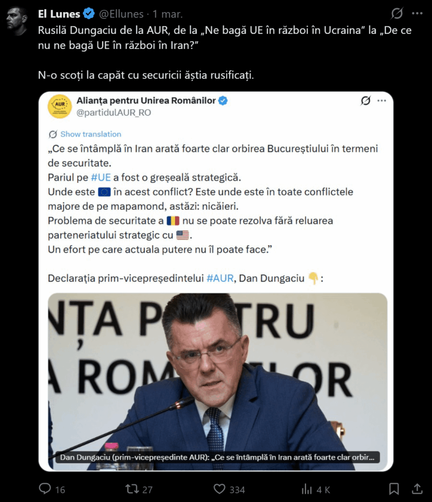 The new position of AUR and their prodigy Dungaciu is that "why doesn't the EU get us into a war in Iran?