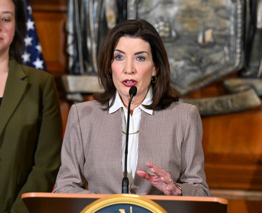 Gov. Kathy Hochul comments on her meeting with White House border czar Tom Homan during a news conference in the Red Room at the New York state Capitol Friday, March 6, 2026 in Albany, N.Y. 