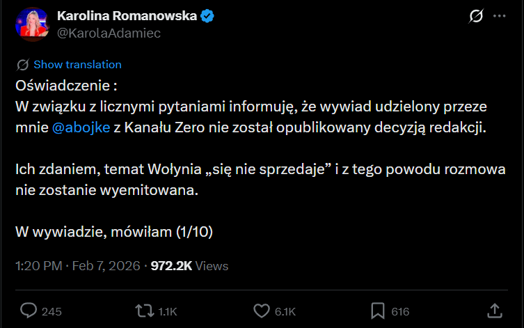 Channel Zero did not broadcast an interview with Karolina Romanowska about the planned exhumations in Volhynia because the topic "does not sell"