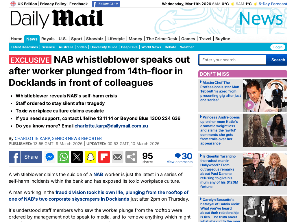 NAB whistleblower speaks out after worker plunged from 14th-floor in Docklands in front of colleagues