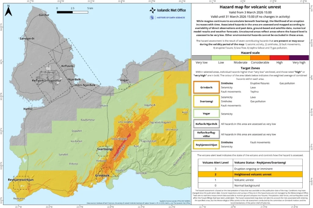 hazard map for volcanic unrest iceland march 3 2026