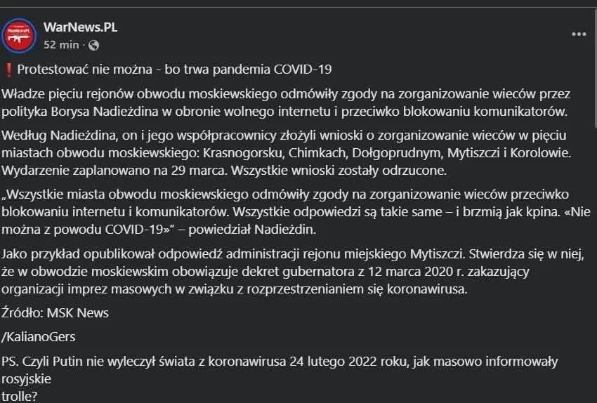 [Rosja] The authorities of five regions of the Moscow Oblast refused to allow politician Boris Nadezhdin to organize rallies in defense of a free Internet. You can't protest because of the COVID-19 pandemic