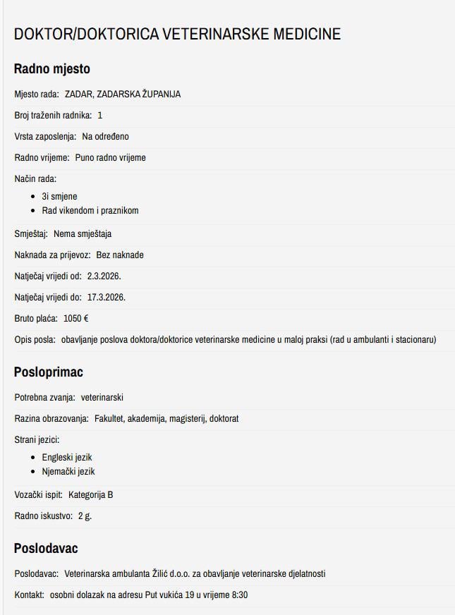 HZZ job advertisement (veterinarian)