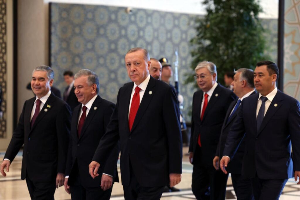 President Recep Tayyip Erdogan (3rd L) and other leaders attend the meeting of the Council of Heads of State of the Organization of Turkish States within 9th Summit of the Organization of Turkic States in Samarkand, Uzbekistan, Nov. 11, 2022. (AA Photo)