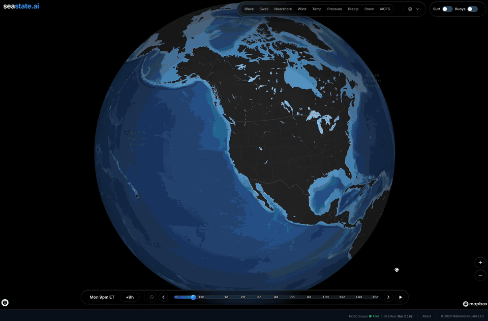 [OC] We built an ocean and weather visualization web app with live buoy data, global weather models, and our own nearshore simulations and surf forecasts