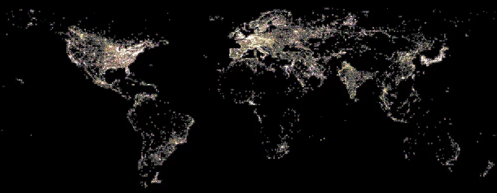 World map showing light pollution at night.