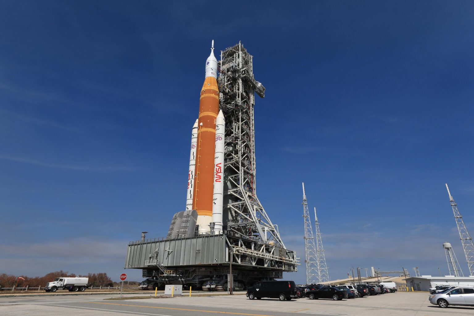 NASA’s Artemis II SLS (Space Launch System) rocket heads back to the Vehicle Assembly Building at NASA’s Kennedy Space Center in Florida on Wednesday, Feb. 25, 2026.