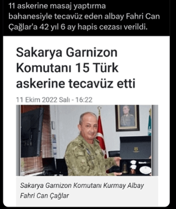 The COURT ruled that Sakarya Garrison Commander Colonel Fahri Can Çağlar should be sentenced to a total of 38 years, 70 months and 106 days in prison for 5 separate crimes.