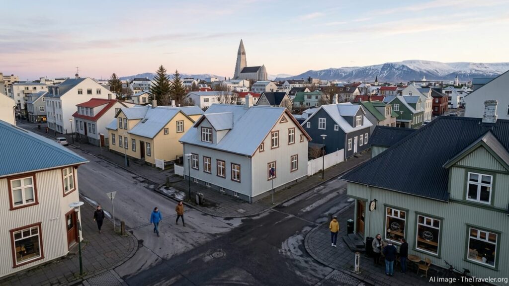 Iceland Joins Europe’s Lowest-Crime Elite, New Data Shows Calm evening view over central Reykjavik with pedestrians on quiet, orderly streets.
