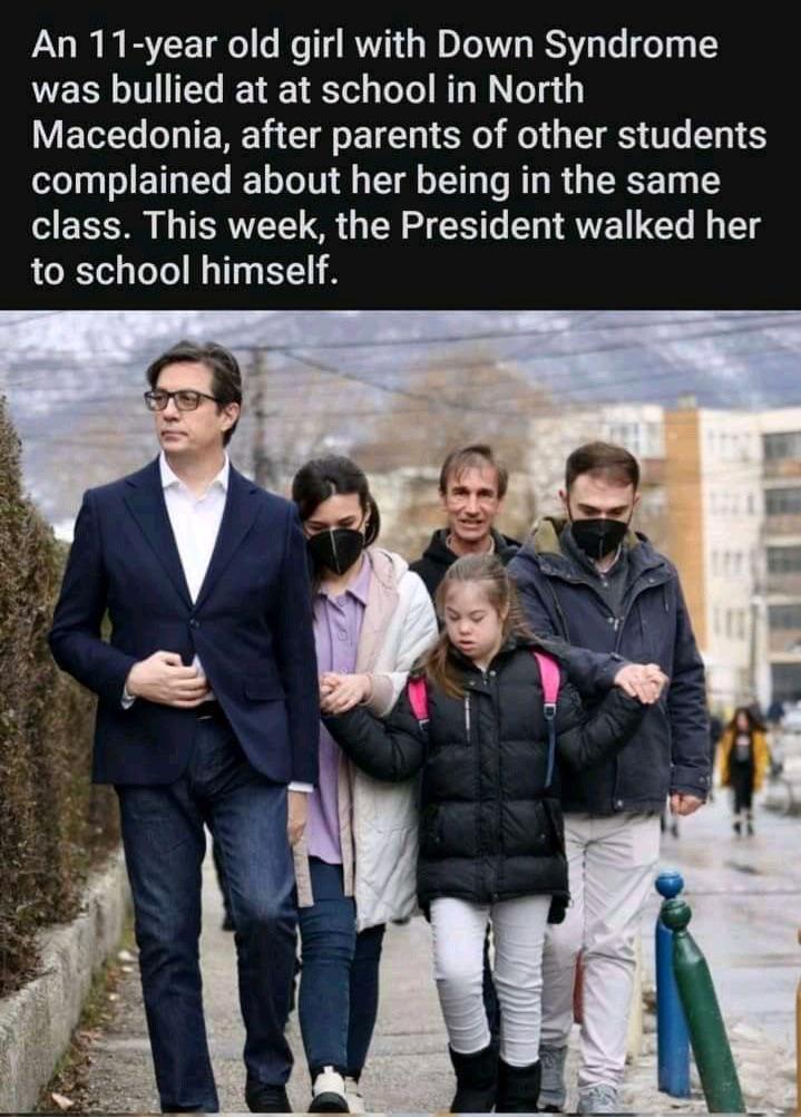 An 11-year old girl with Down Syndrome was bullied at school in North Macedonia, after Parents of other students complained about her being in the same class. This week, the president walked her to school himself.