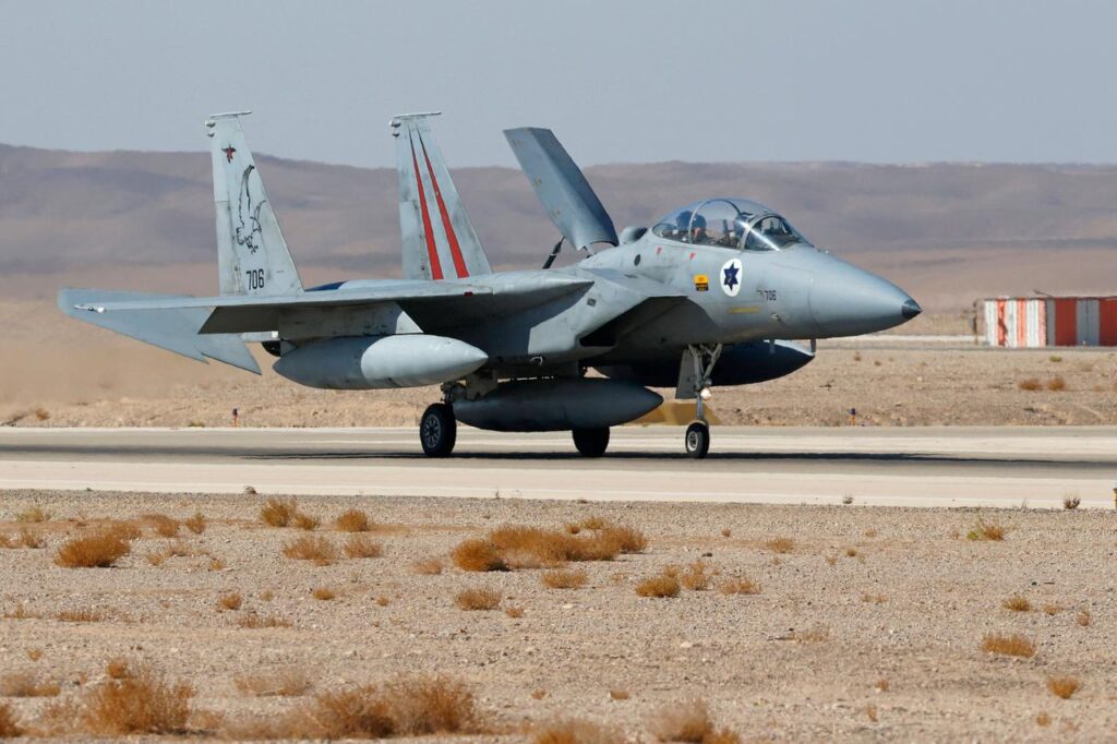An Israeli air force F-15 fighter lands during the