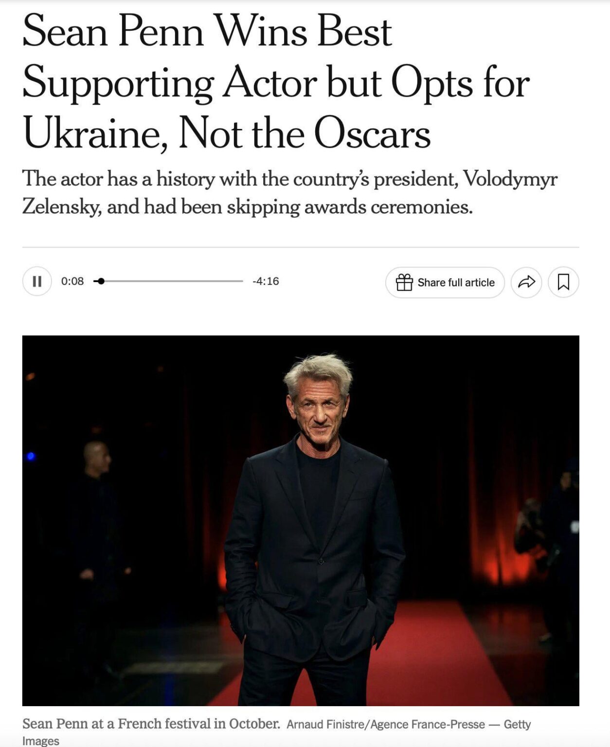 Sean Penn skipped the 2026 Oscar ceremony in which he won award for best supporting actor and instead chose trip to Ukraine to give his support. He already gave another his Oscars in 2022 to Zelensky and said to him to melt it and make bullets