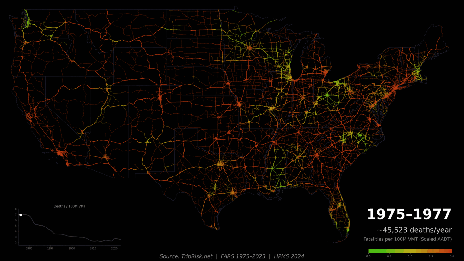 [OC] Fatal risk profile of major US highways: 1975 - 2023