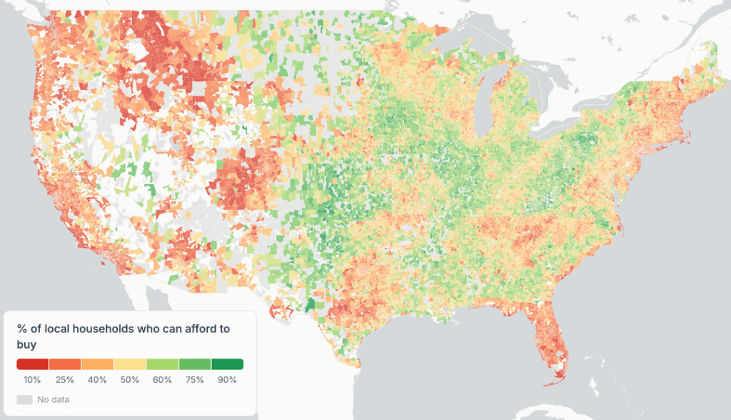 [OC] 61% of American households can't afford to buy a home in their own neighborhood — local home affordability mapped by ZIP code