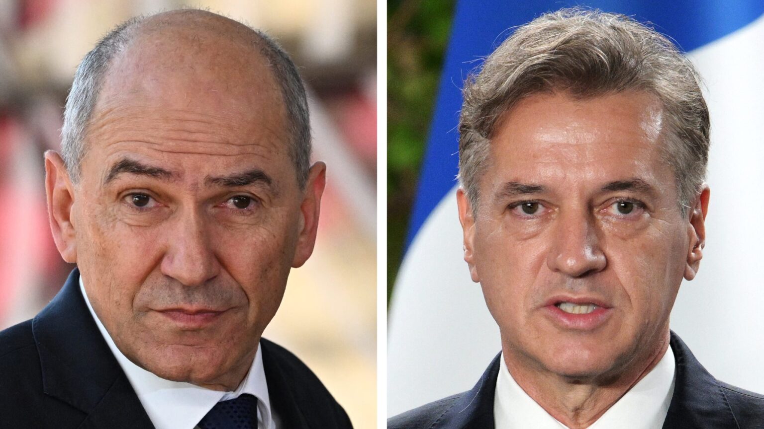 Slovenia’s Prime Minister Janez Janša in Brussels, on May 31, 2022 (L); and Slovenia's Prime Minister Robert Golob in Portorož on October 20, 2025