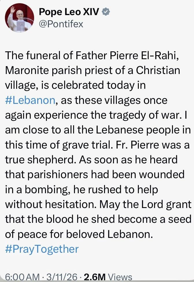 Donald Trump and Israel killed Father Pierre El-Rahi, the Maronite parish priest of a Christian village. If MAGAs are real Christians, they should be very angry about this.